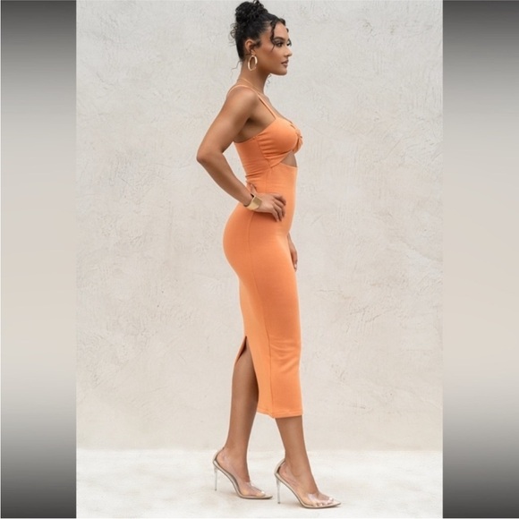 NWT JLUXLABEL Orange Midnight Memories Knot Cut Out Fitted Midi Dress Size M - Picture 5 of 8